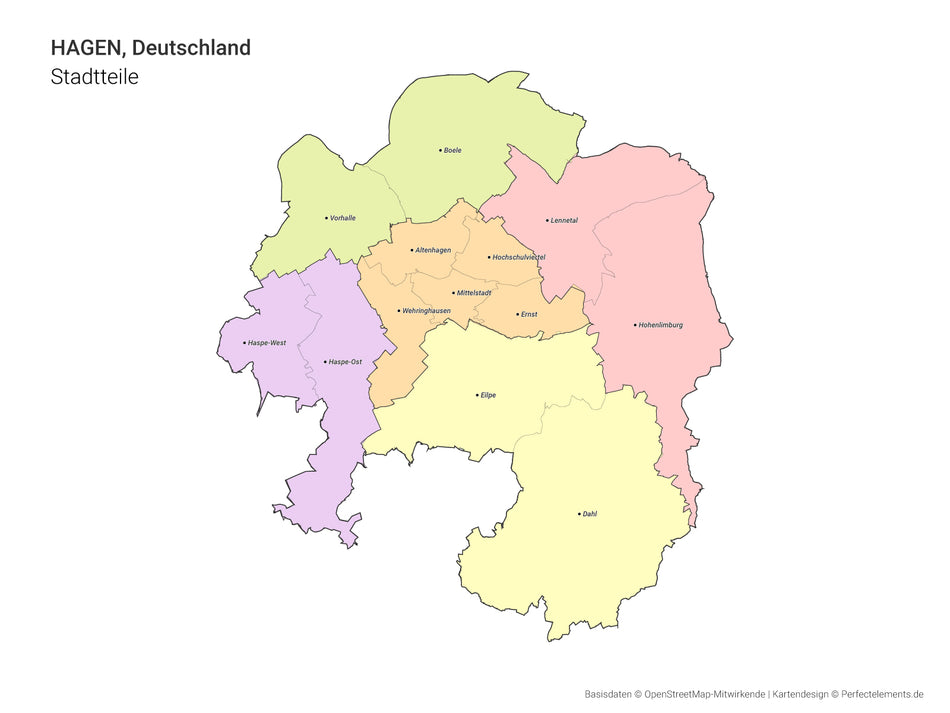 Vektor-Stadtkarte von Hagen mit allen Stadtteilen