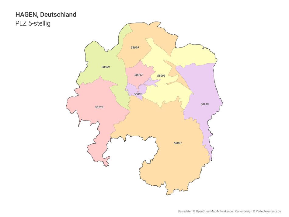 Vektor-Stadtkarte von Hagen mit 5-stelligen Postleitzahlbereichen