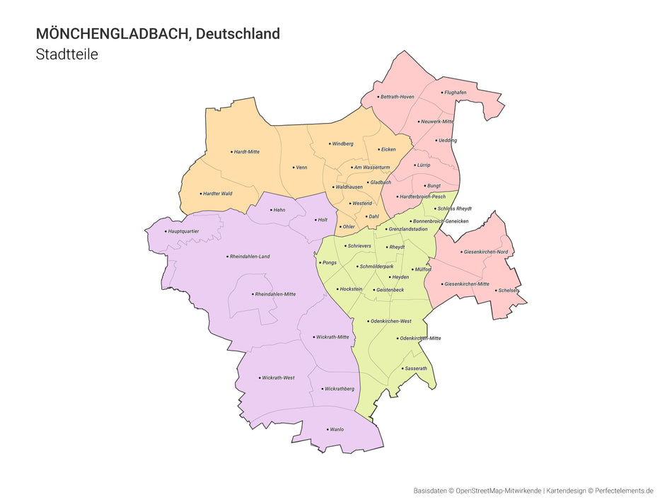 Vektor-Stadtkarte von Mönchengladbach mit allen Stadtteilen