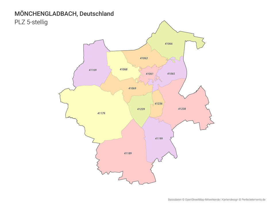 Vektor-Stadtkarte von Mönchengladbach mit 5-stelligen Postleitzahlbereichen