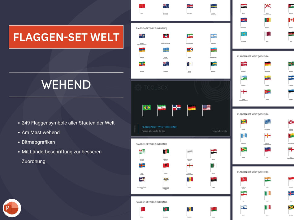 PowerPoint: Flaggen-Set Welt (Wehend)