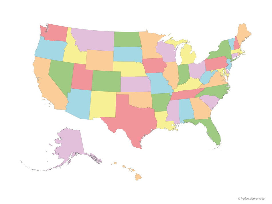 Vektor-Landkarte der Vereinigten Staaten (Mehrfarbig mit Regionen)