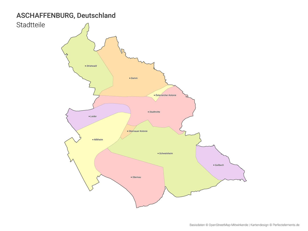 Vektor-Stadtkarte von Aschaffenburg mit allen Stadtteilen