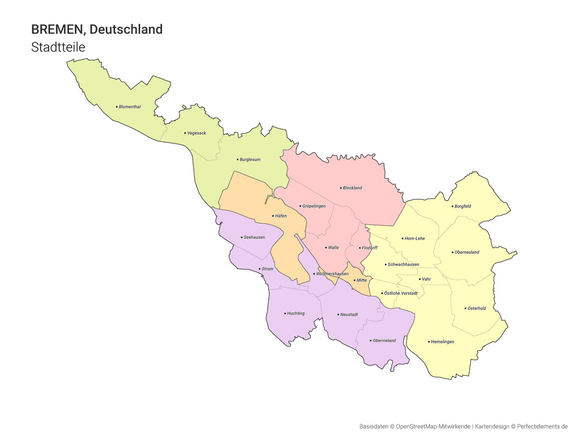 Vektor-Stadtkarte von Bremen mit allen Stadtteilen