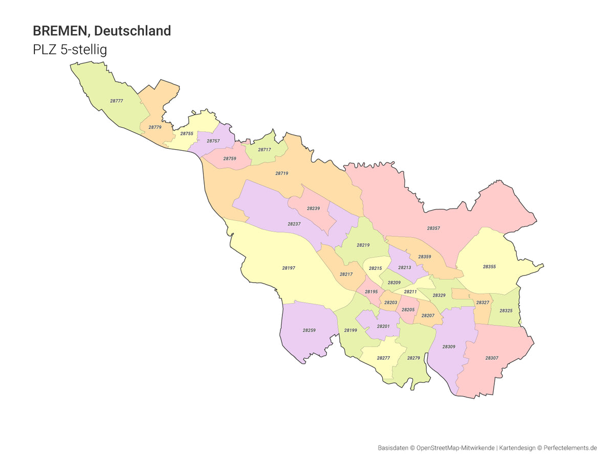 Vektor-Stadtkarte von Bremen mit 5-stelligen Postleitzahlbereichen