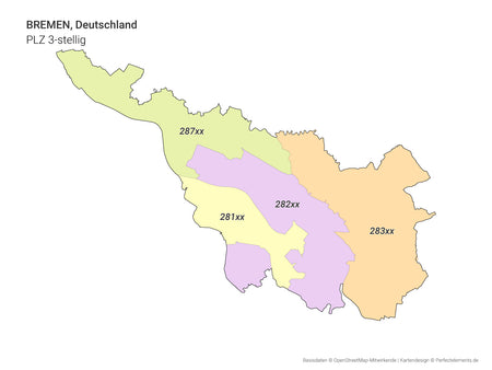 Vektor-Stadtkarte von Bremen mit 3-stelligen Postleitzahlbereichen