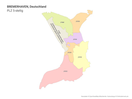 Vektor-Stadtkarte von Bremerhaven mit 5-stelligen Postleitzahlbereichen