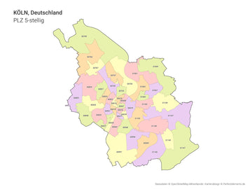 Vektor-Stadtkarte von Köln mit 5-stelligen Postleitzahlbereichen