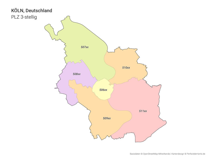 Vektor-Stadtkarte von Köln mit 3-stelligen Postleitzahlbereichen