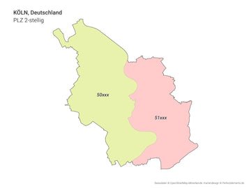 Vektor-Stadtkarte von Köln mit 2-stelligen Postleitzahlbereichen