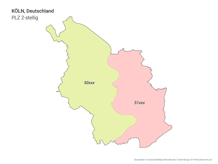 Vektor-Stadtkarte von Köln mit 2-stelligen Postleitzahlbereichen