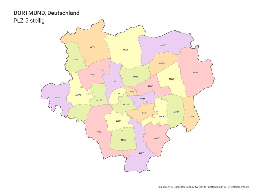 Vektor-Stadtkarte von Dortmund mit 5-stelligen Postleitzahlbereichen