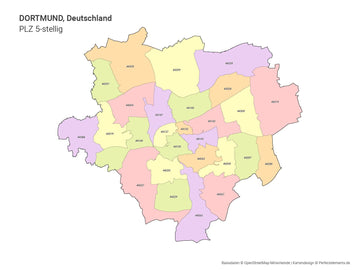Vektor-Stadtkarte von Dortmund mit 5-stelligen Postleitzahlbereichen