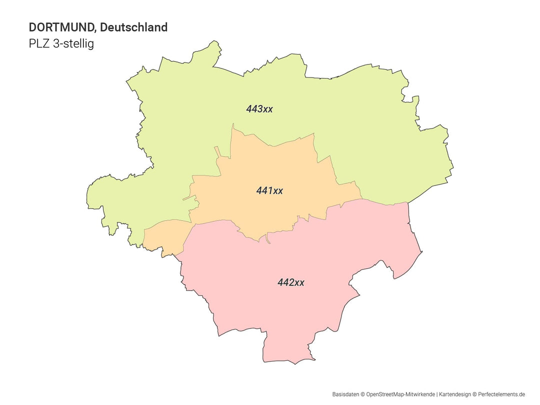Vektor-Stadtkarte von Dortmund mit 3-stelligen Postleitzahlbereichen