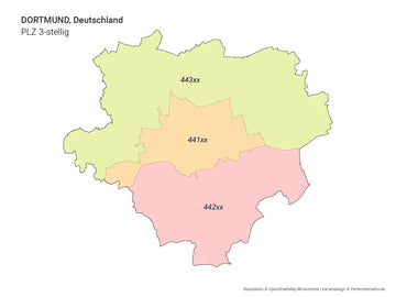Vektor-Stadtkarte von Dortmund mit 3-stelligen Postleitzahlbereichen