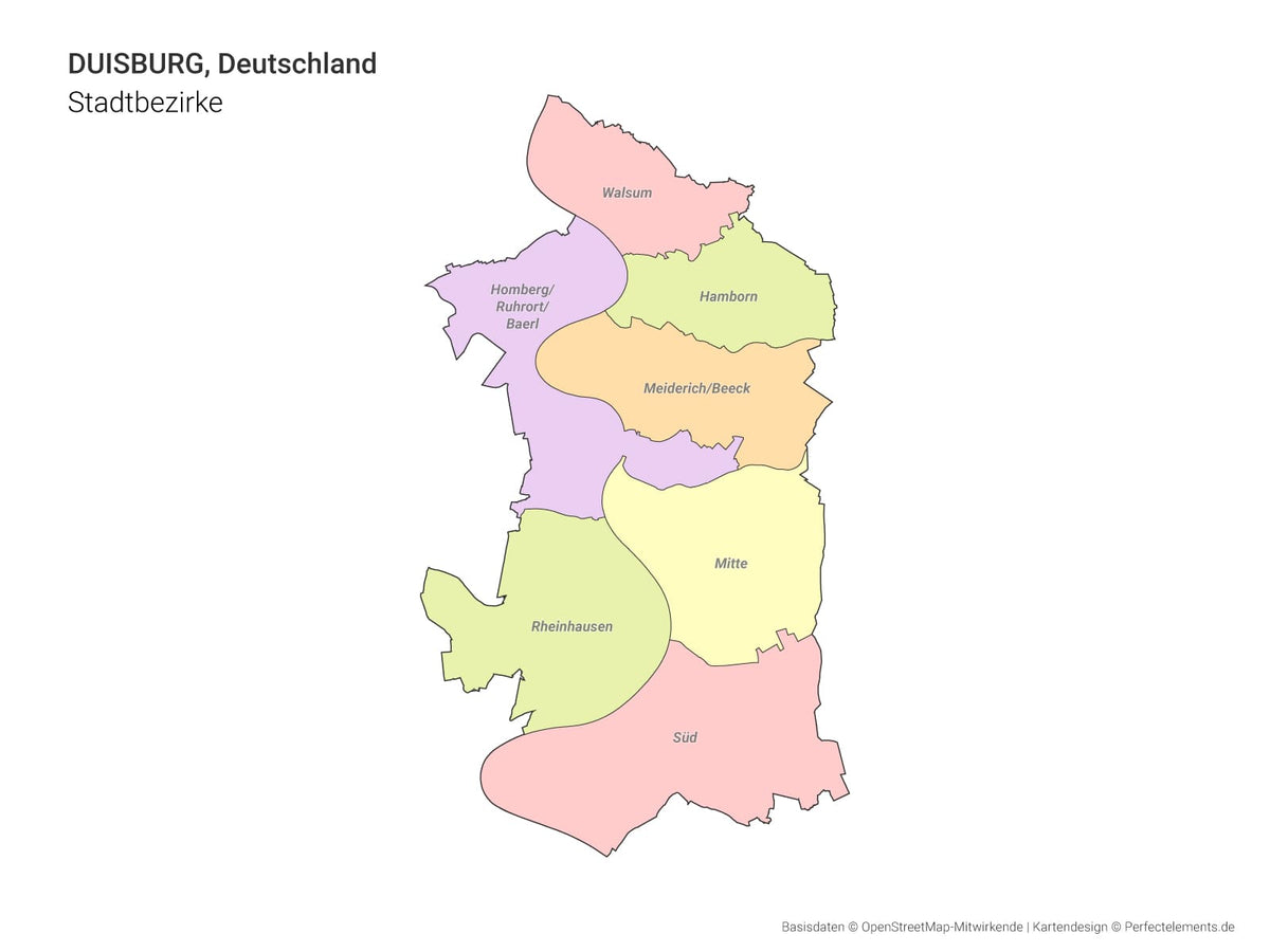 Vektor-Stadtkarte von Duisburg mit allen Stadtbezirken