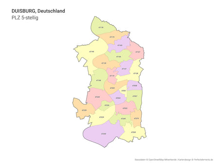 Vektor-Stadtkarte von Duisburg mit 5-stelligen Postleitzahlbereichen