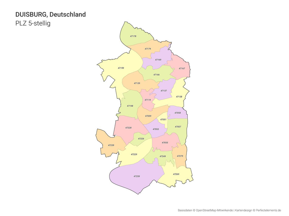 Vektor-Stadtkarte von Duisburg mit 5-stelligen Postleitzahlbereichen