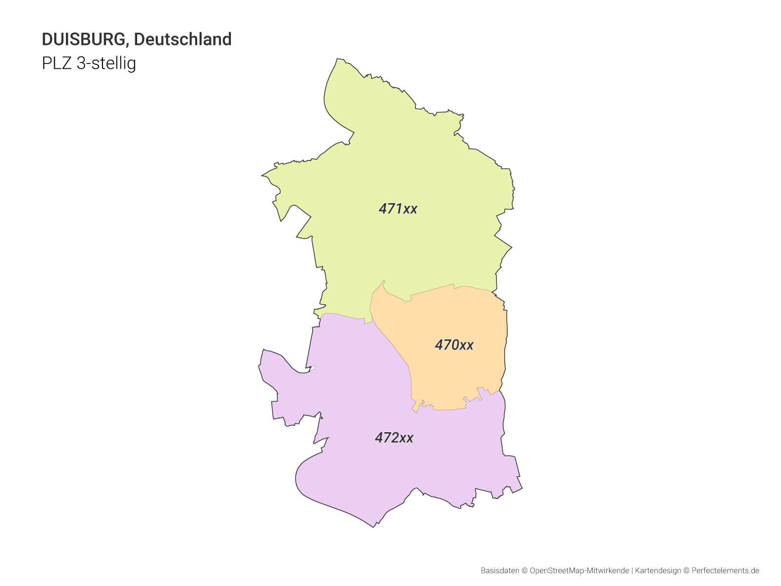 Vektor-Stadtkarte von Duisburg mit 3-stelligen Postleitzahlbereichen