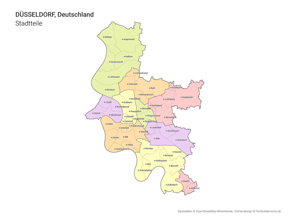 Vektor-Stadtkarte von Düsseldorf mit allen Stadtteilen