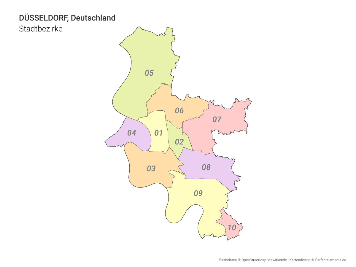 Vektor-Stadtkarte von Düsseldorf mit allen Stadtbezirken