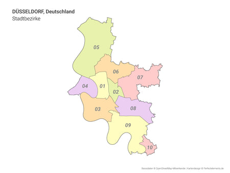 Vektor-Stadtkarte von Düsseldorf mit allen Stadtbezirken