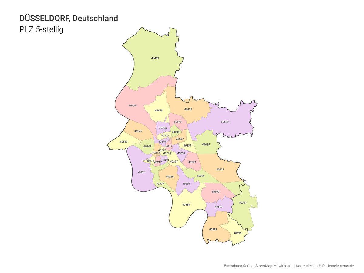 Vektor-Stadtkarte von Düsseldorf mit 5-stelligen Postleitzahlbereichen