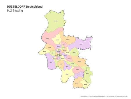 Vektor-Stadtkarte von Düsseldorf mit 5-stelligen Postleitzahlbereichen