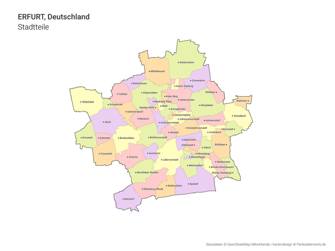 Vektor-Stadtkarte von Erfurt mit allen Stadtteilen