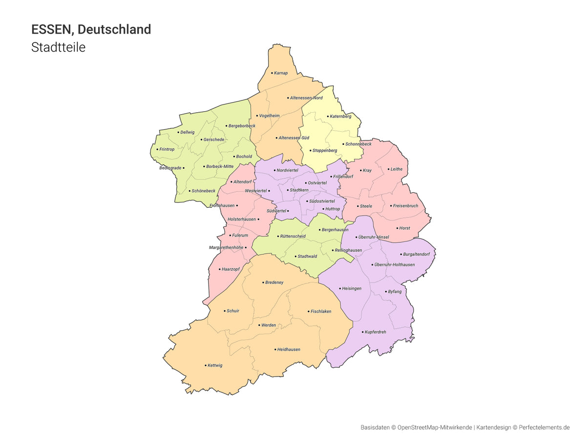 Vektor-Stadtkarte von Essen mit allen Stadtteilen