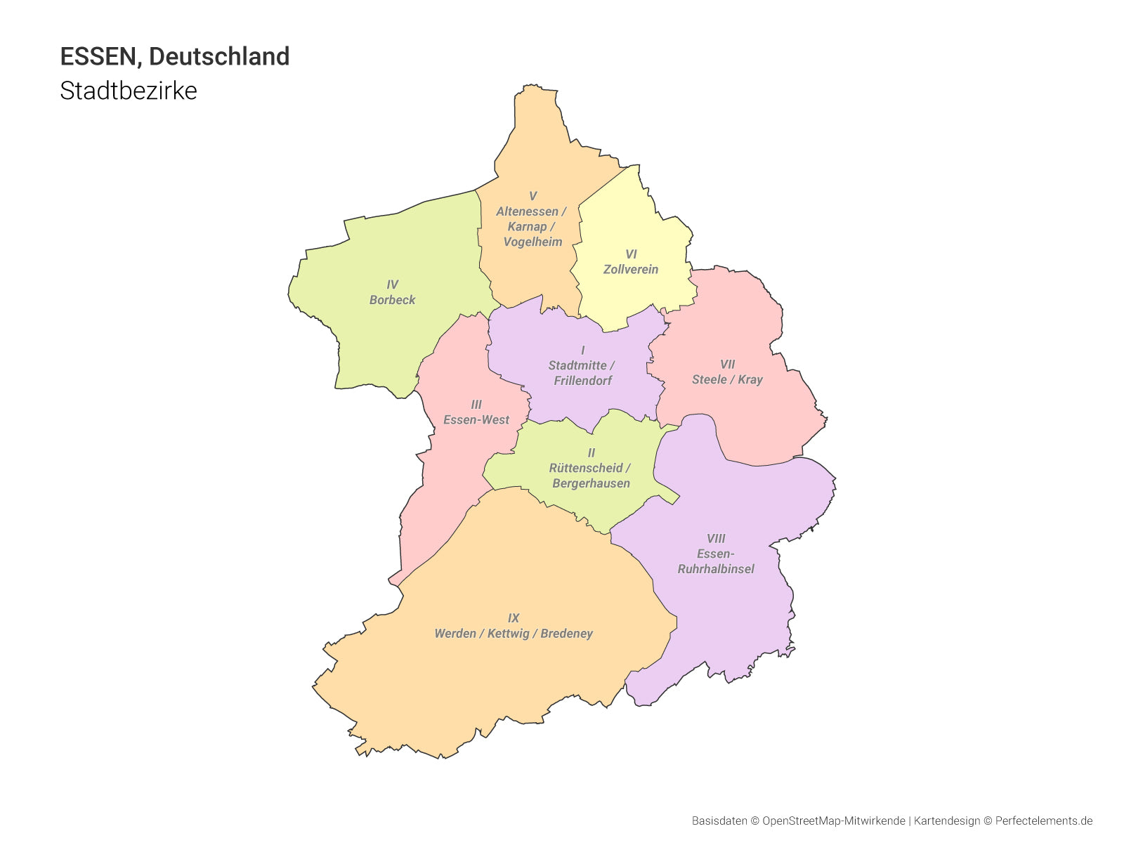 Vektor-Stadtkarte von Essen mit allen Stadtbezirken