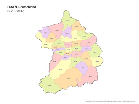 Vektor-Stadtkarte von Essen mit 5-stelligen Postleitzahlbereichen