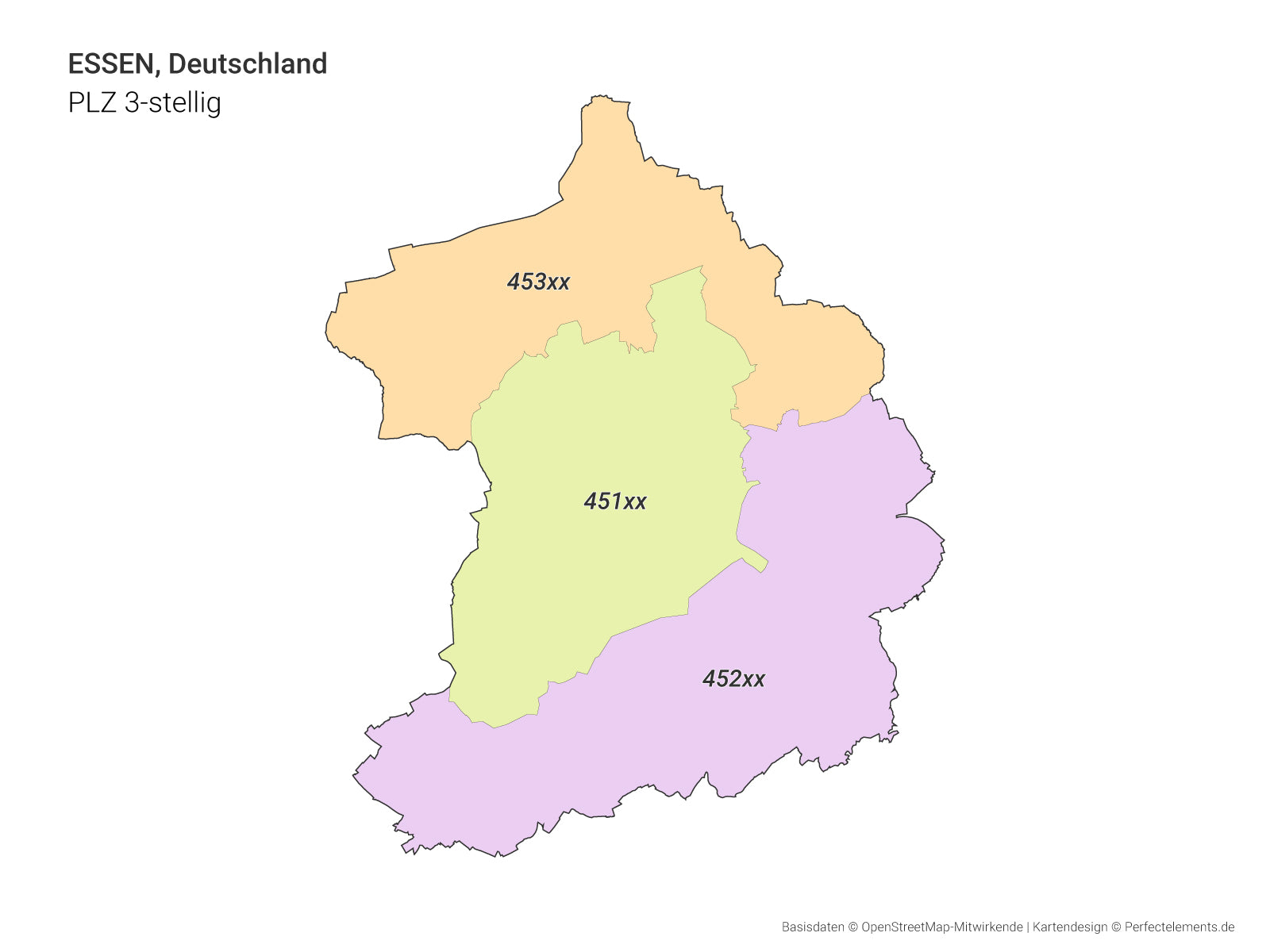 Vektor-Stadtkarte von Essen mit 3-stelligen Postleitzahlbereichen