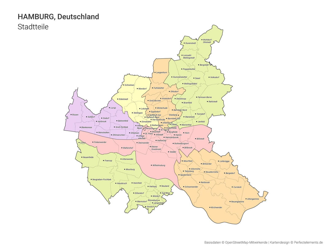 Vektor-Stadtkarte von Hamburg mit allen Stadtteilen