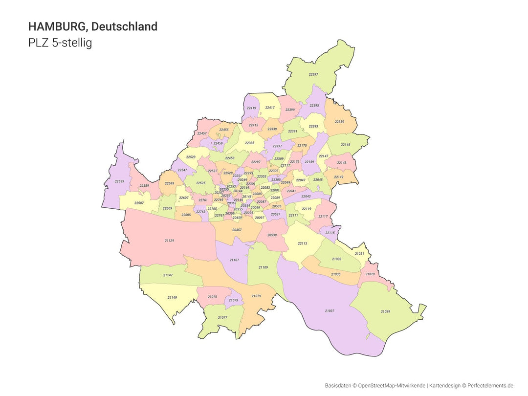 Vektor-Stadtkarte von Hamburg mit 5-stelligen Postleitzahlbereichen