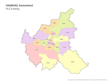 Vektor-Stadtkarte von Hamburg mit 3-stelligen Postleitzahlbereichen