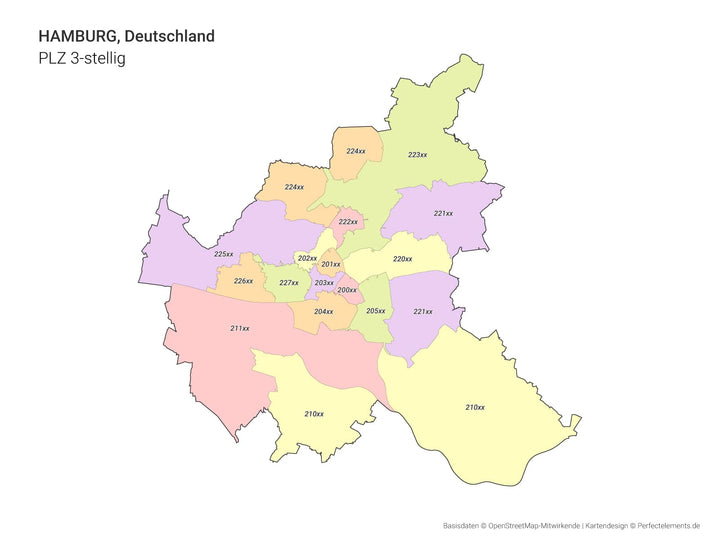 Vektor-Stadtkarte von Hamburg mit 3-stelligen Postleitzahlbereichen