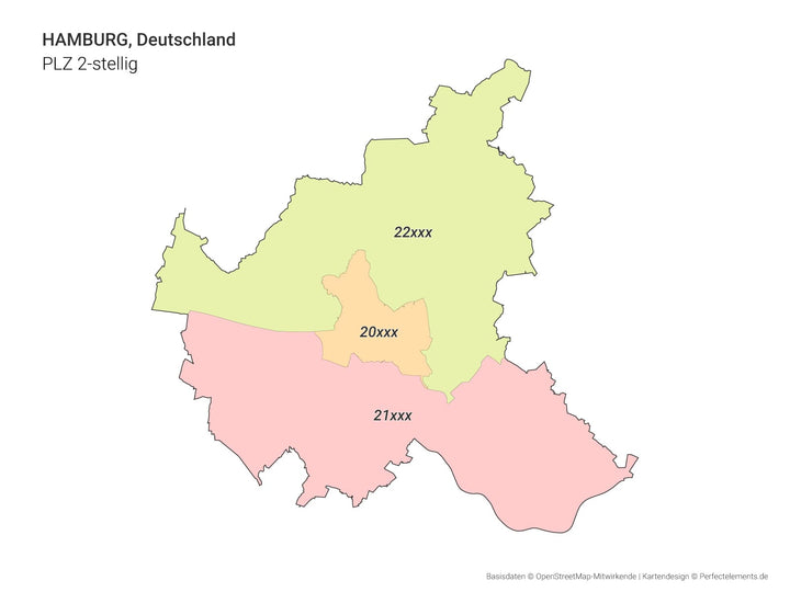 Vektor-Stadtkarte von Hamburg mit 2-stelligen Postleitzahlbereichen