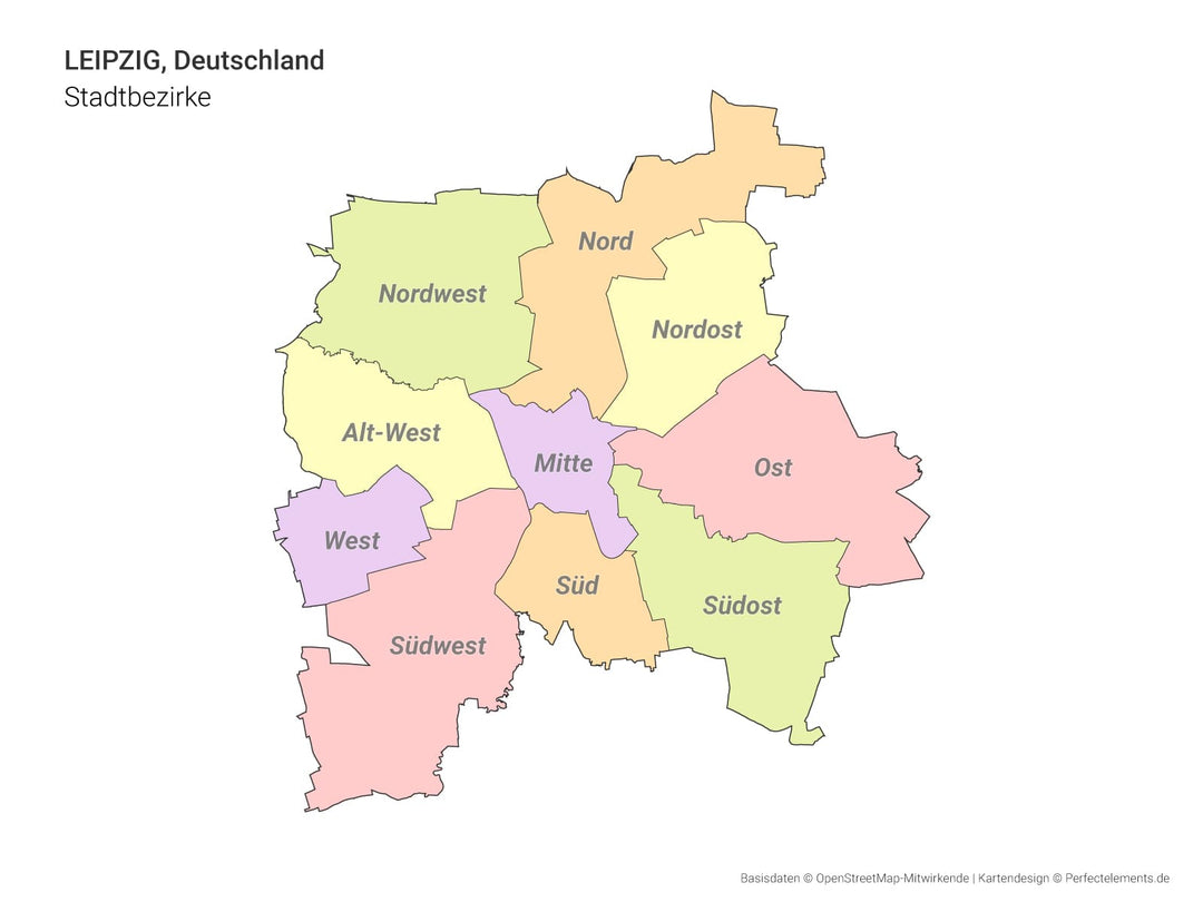 Vektor-Stadtkarte von Leipzig mit allen Stadtbezirken