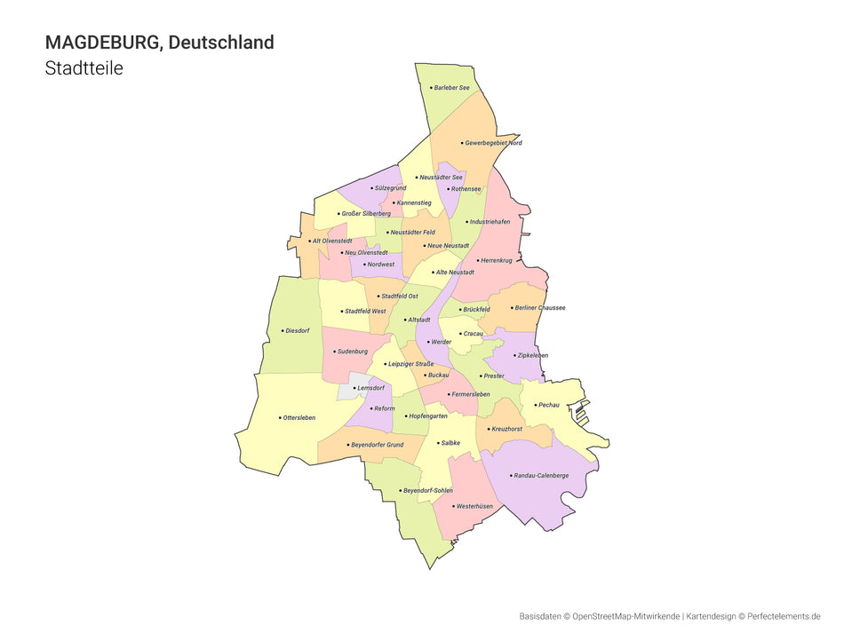 Vektor-Stadtkarte von Magdeburg mit allen Stadtteilen