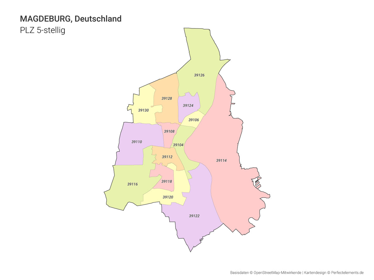 Vektor-Stadtkarte von Magdeburg mit 5-stelligen Postleitzahlbereichen