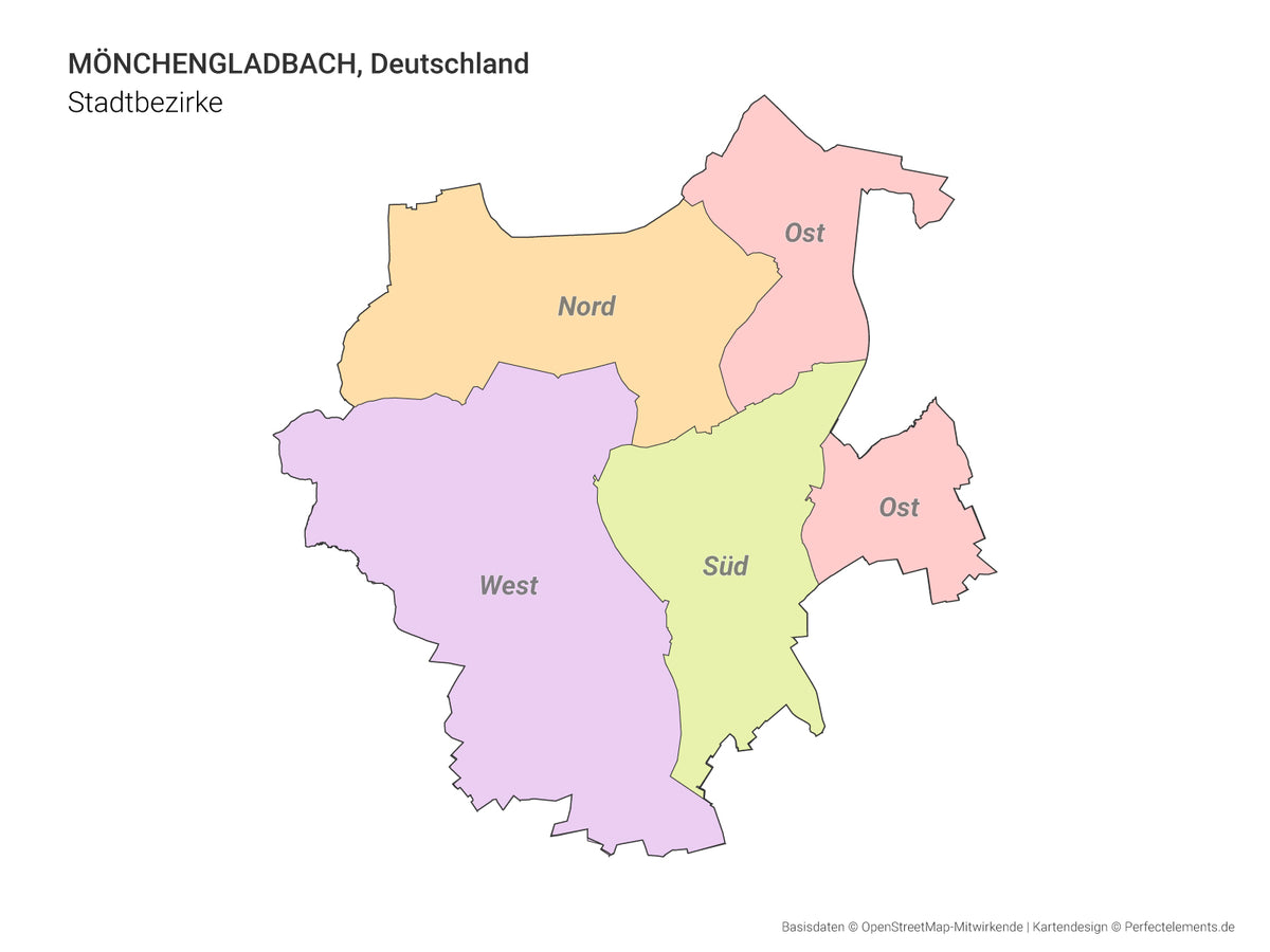 Vektor-Stadtkarte von Mönchengladbach mit allen Stadtbezirken