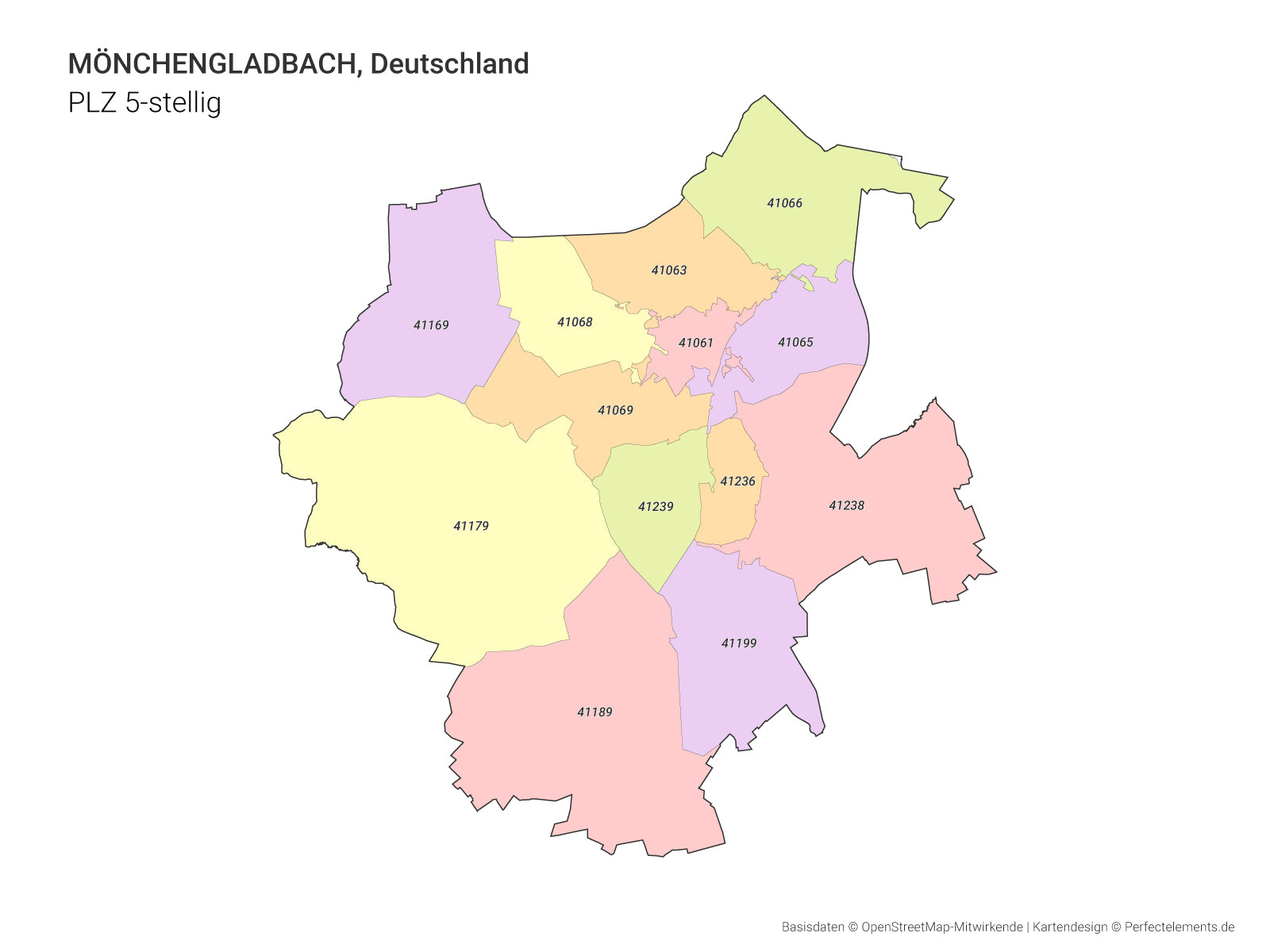 Vektor-Stadtkarte von Mönchengladbach mit 5-stelligen Postleitzahlbereichen