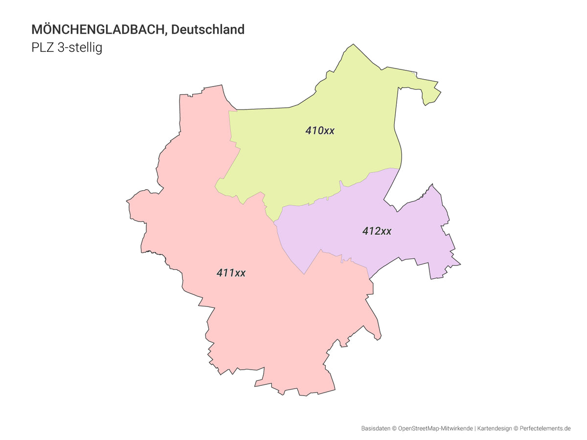 Vektor-Stadtkarte von Mönchengladbach mit 3-stelligen Postleitzahlbereichen