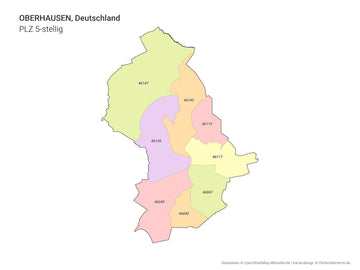 Vektor-Stadtkarte von Oberhausen mit 5-stelligen Postleitzahlbereichen