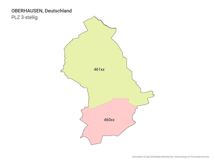 Vektor-Stadtkarte von Oberhausen mit 3-stelligen Postleitzahlbereichen