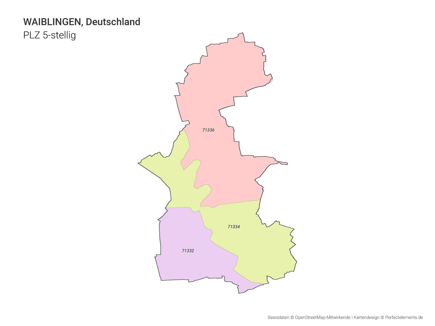 Vektor-Stadtkarte von Waiblingen mit 5-stelligen Postleitzahlbereichen