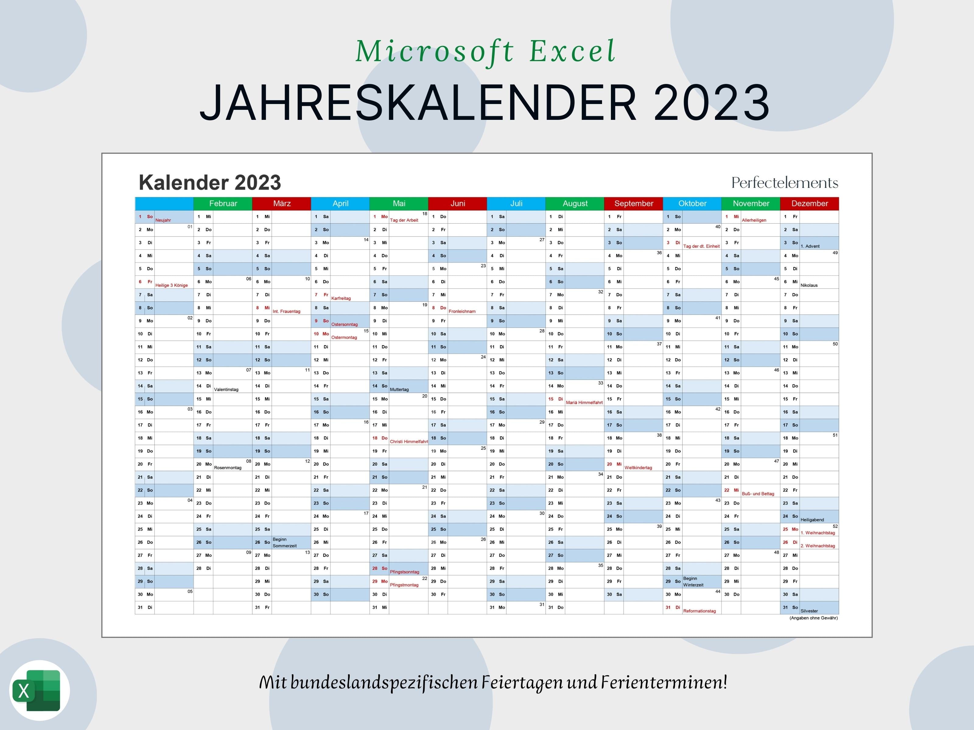 Jahreskalender 2023 im Excel-Format