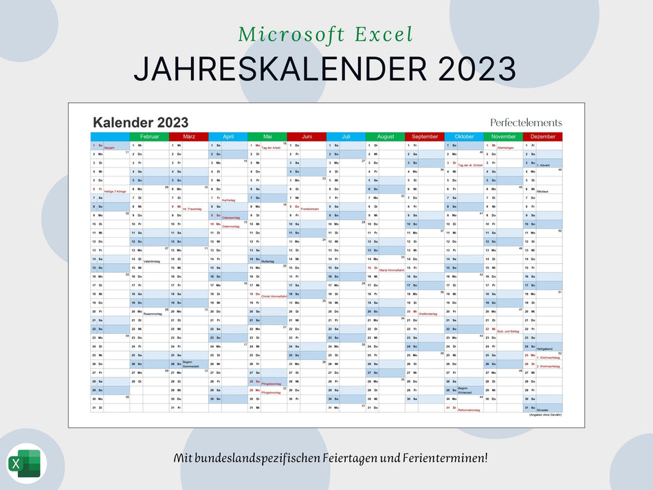 Jahreskalender 2023 im Excel-Format