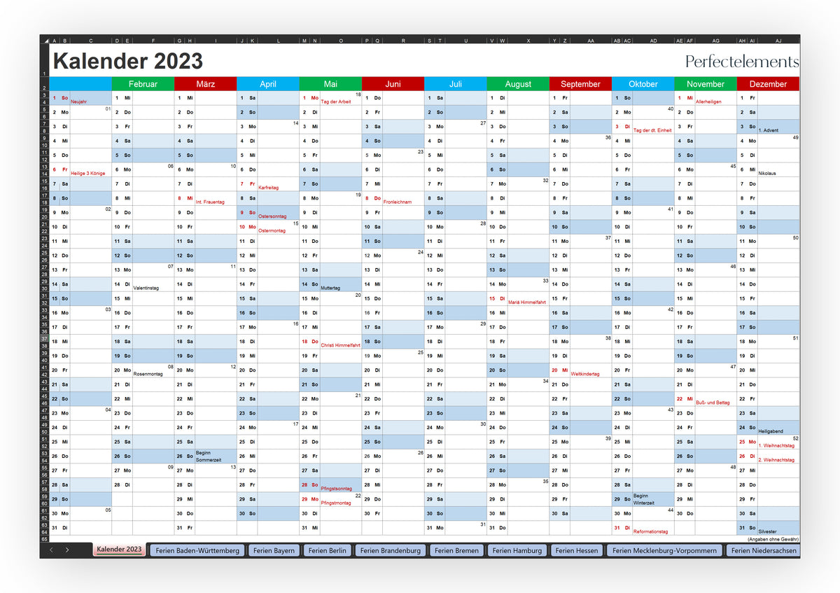 Jahreskalender 2023 im Excel-Format